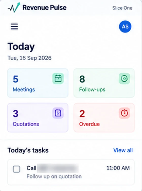 Slice One Today screen showing meetings, follow-ups, quotations and overdue items for the day