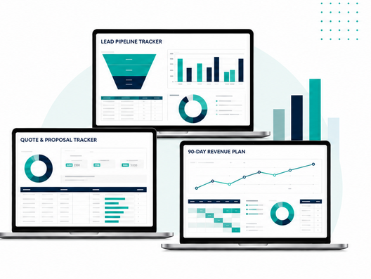 Lead Pipeline Tracker, Quote and Proposal Tracker and 90-Day Revenue Plan dashboards shown in Microsoft Excel