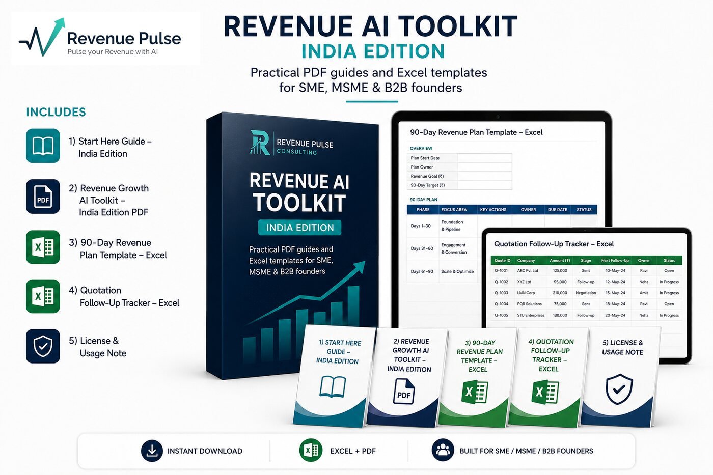 Revenue AI Toolkit India Edition — box mockup with Start Here Guide, toolkit PDF, 90-Day Revenue Plan and Quotation Follow-Up Tracker in Excel